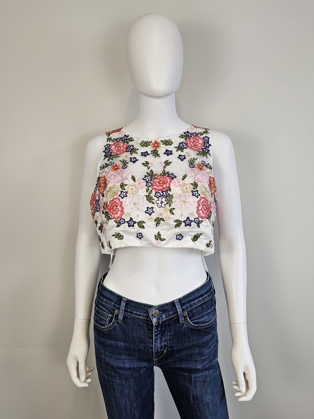 BA Nites Embroidered Bedazzled Floral Crop Top - White with Pink & Green Sz 14